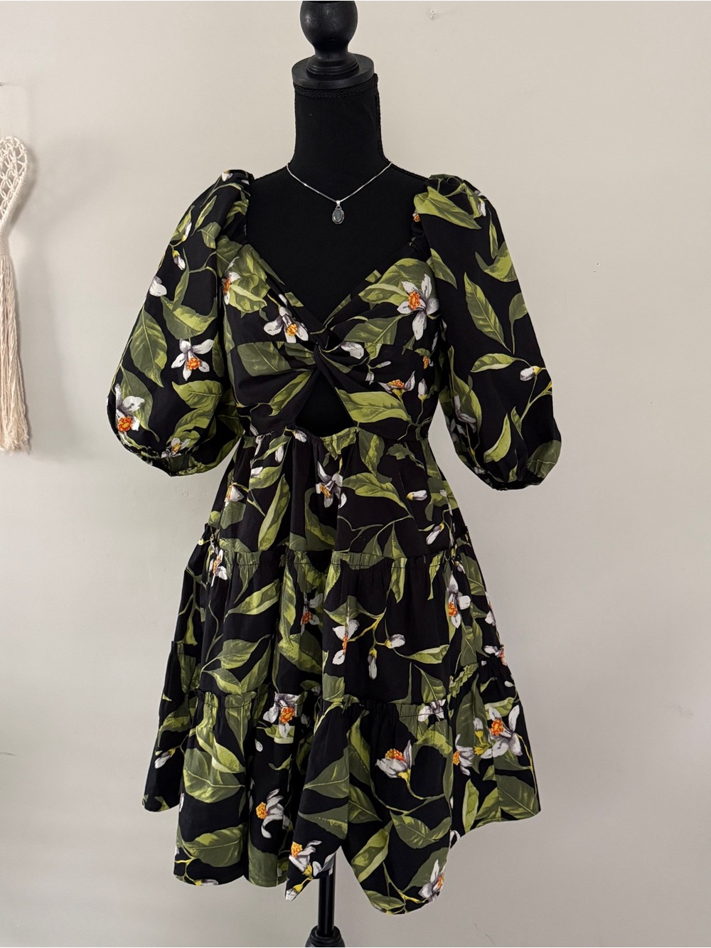 Express Black Floral Puff-Sleeve Mini Dress with Green Leaves